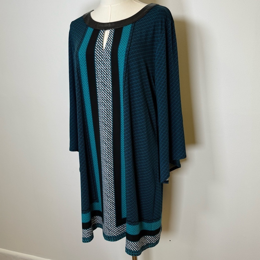 Alfani Tunic Top Faux Leather Trim Keyhole Neckline Striped Women’s Size Large - Picture 3 of 9